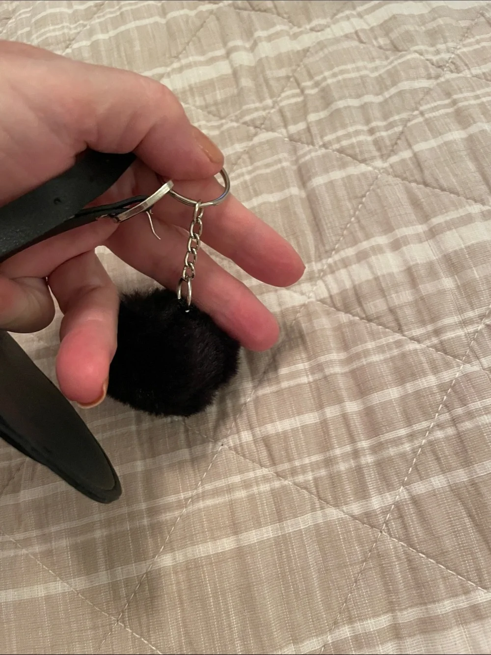 Black Faux-Fur Pom Pom Keychain with Luggage ID Tag